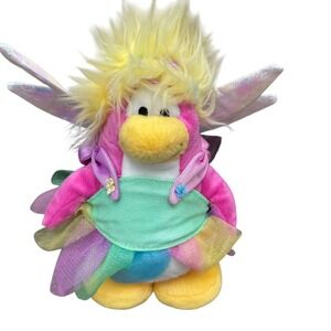 Disney Club Penguin Fairy Penguin Plush Yellow Fluffy Hair Rainbow Dress Wings